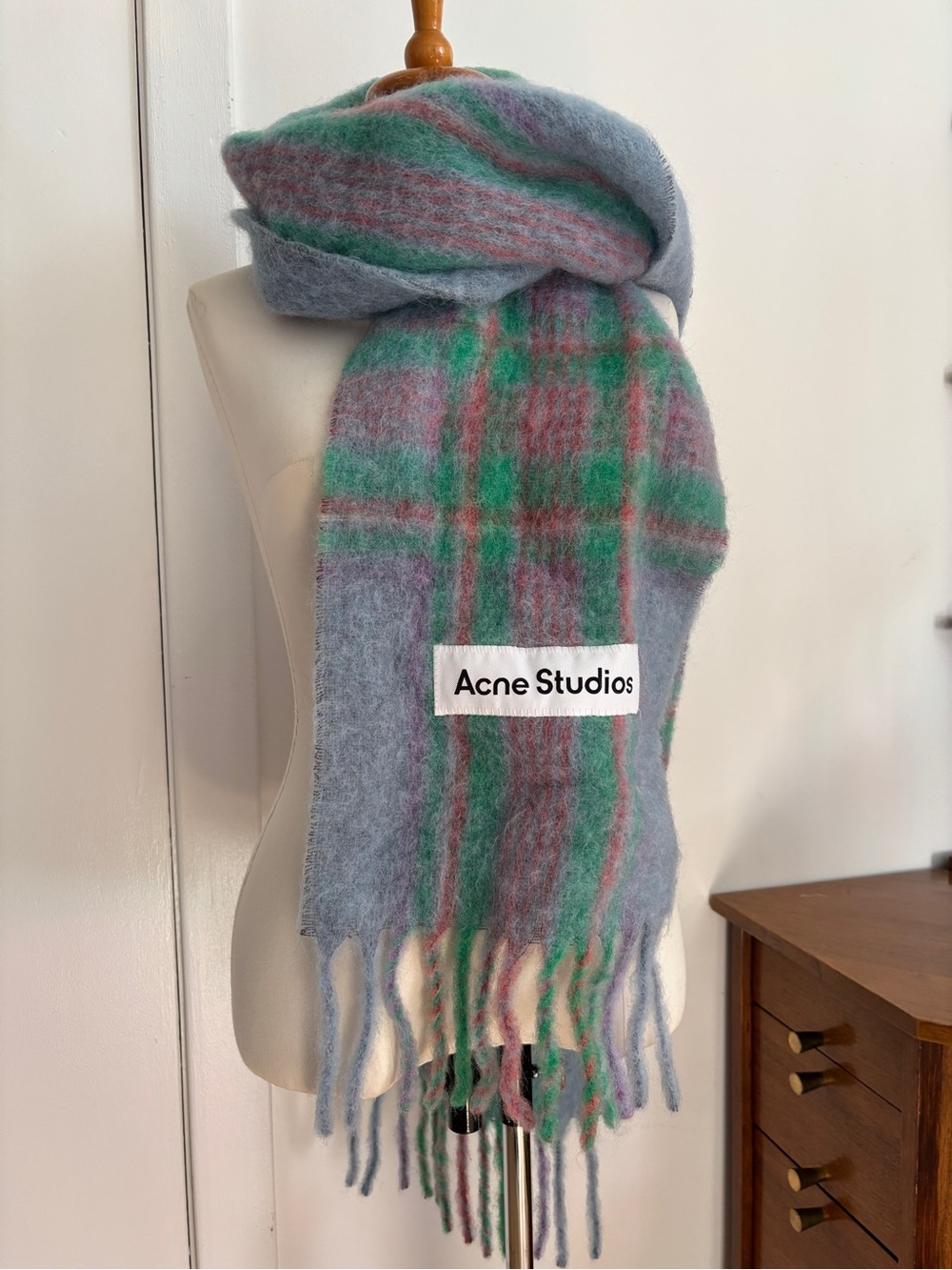 Acne Studios Plaid Mohair Scarf in Pastel Blue, Green & Pink